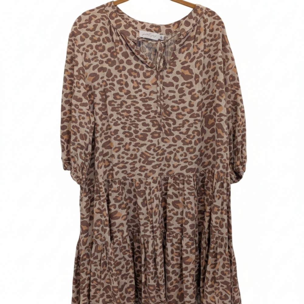 Petal & Pup Leopard Print Tiered Swing Dress XL Cozy Tie Neck Animal Boho Chic